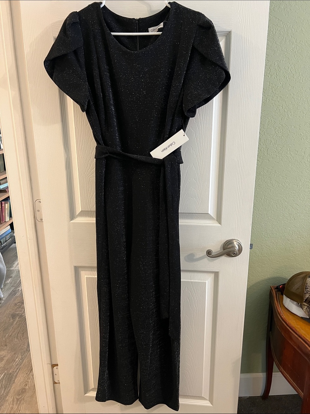 NWT Calvin Klein Black Sparkle Flutter-Sleeve pant romper with Tie Belt